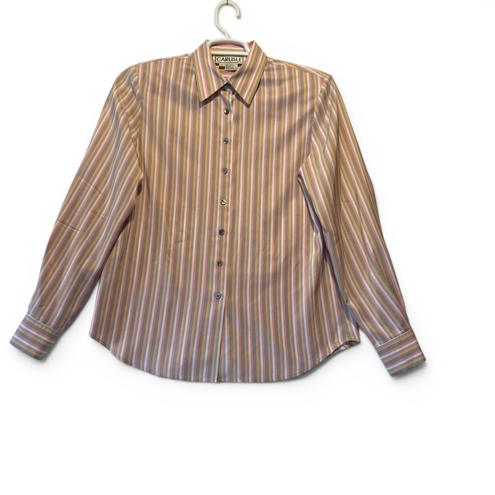 Carlisle Womens Vintage 100% Silk Striped Button Down Blouse Multi Color Size 10
